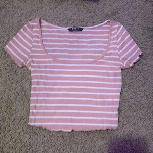 XS Cropped Pink and White Stripe Short Sleeve SHEIN Top